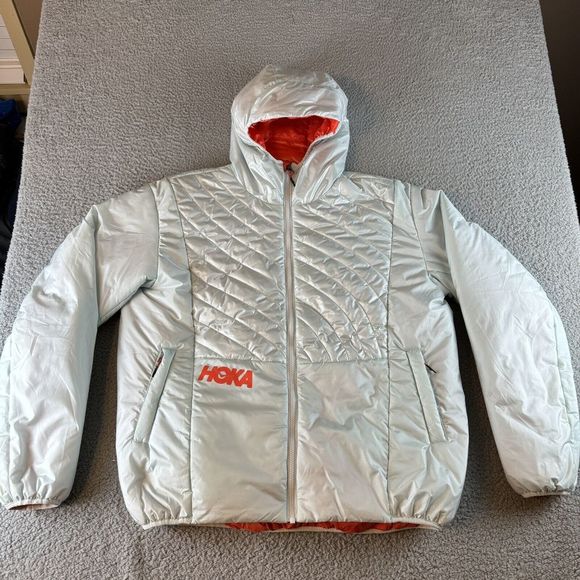 Hoka Other - Hoka Jacket Mens Medium Silver Blue Hooded Hoka One One Puffy Unisex Women Large